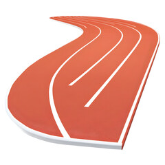 Section of a curved running track with multiple lanes, showing the red surface and white lines.