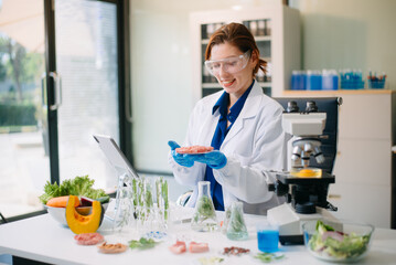 Scientist analyzing food samples in modern lab with advanced equipment for safety, nutrition, and biotechnology research.