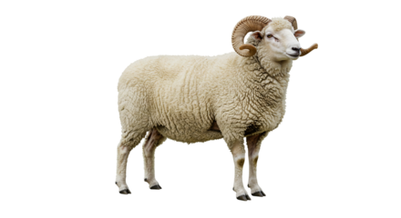 Isolated ram sheep with curled horns standing on black background farm animal livestock agriculture concept
