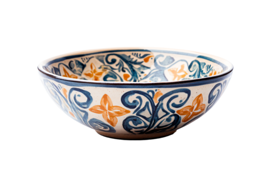 a bowl with a blue and orange design on it