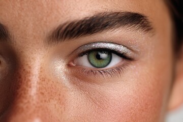 Obraz premium Close-up of a stunning green eye adorned with shimmering glitter showcasing vibrant beauty textures under natural lighting emphasizing unique characteristics and expressive visual details