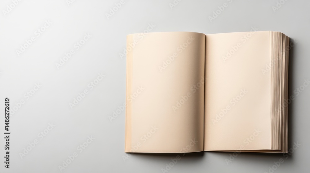 Poster open blank book on minimalist background for creative writing and design projects