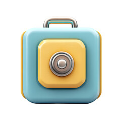 Vibrant, geometrically designed,  digital  representation of a compact travel case, featuring a light blue and  yellow color scheme.