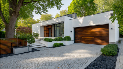 Modern house with white concrete exterior and wood garage in a serene landscape