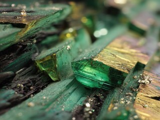 Rough green and gold crystals glisten with light and intricate textures, revealing sharp edges and translucent layers. Small, sparkling mineral particles are scattered across the surface