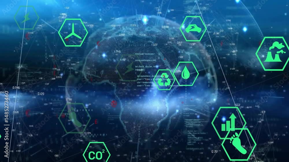 Aufkleber flat design dotted globe showing network links and floating hexagon icons depicting energy metrics