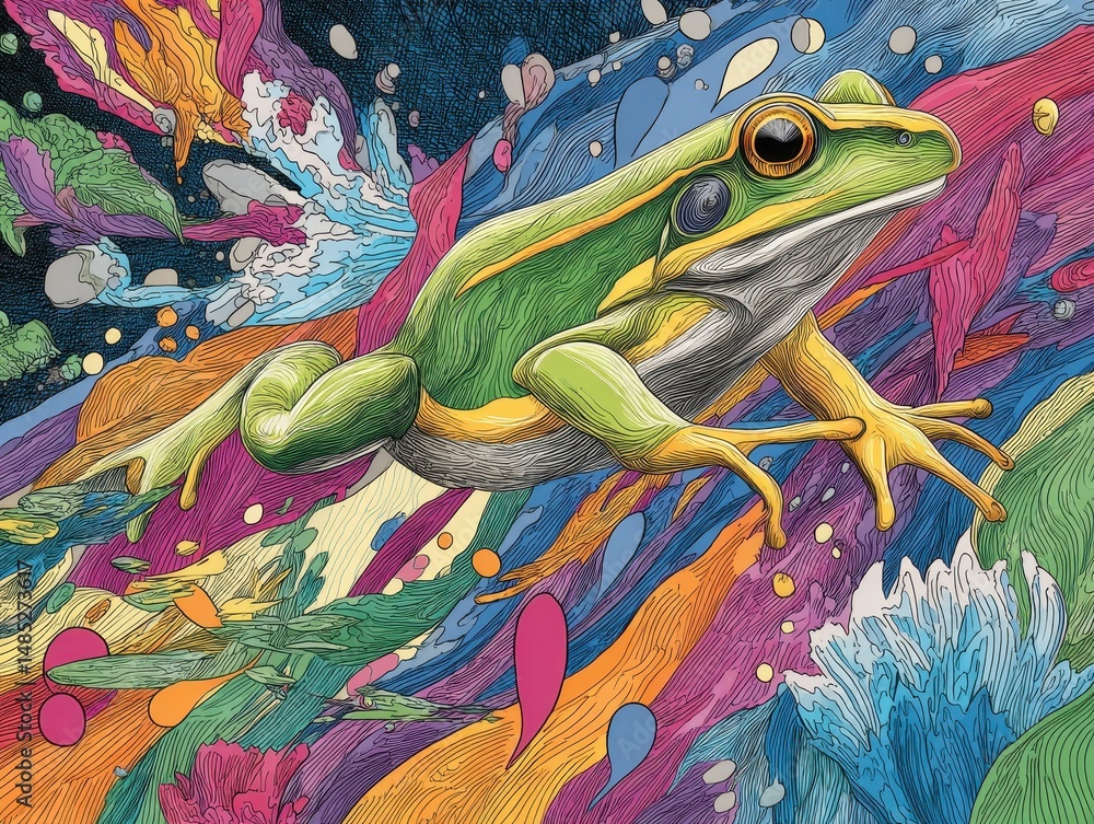 Poster colorful abstract illustration of a leaping frog amidst dynamic patterns.