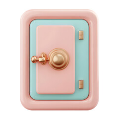 Digitally rendered, stylized depiction of a safe, with a pastel pink and mint green color scheme and gold accents.  It has a geometric, modern design.