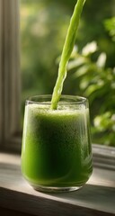 A glass of water with green juice poured into it