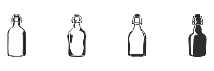 Glass Bottles With Swing Tops Silhouette Set. Beverage Storage And Packaging Design Elements Isolated Vector Illustration Collection