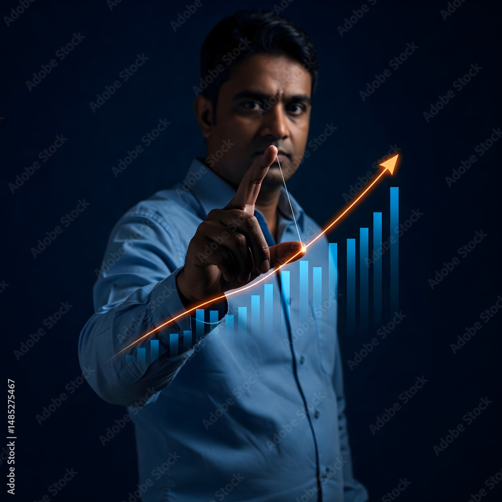 Poster a man gestures towards a rising holographic bar graph with an arrow. generative ai.