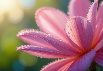 Fototapeta premium Pétalos de flor fresca en flor con pequeñas gotas de rocío, brillando suavemente con la luz de la mañana
