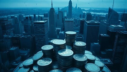 Stacks of coins with a hopeful mood representing wealth against a cityscape background