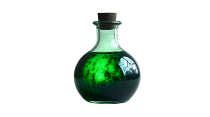 Enchanting Witches Potion Bottle with Glowing Green Liquid Isolated on White Background