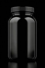 Fototapeta premium Black glossy pill or supplement bottle isolated on dark background with no label