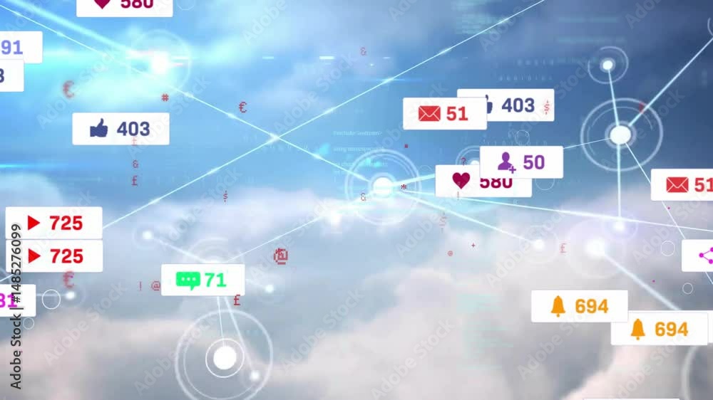 Poster floating media icons and counters drifting over cloudy sky linking to glowing nodes in flat design