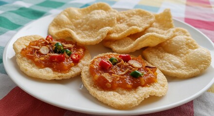 Crispy rice crackers with spicy topping