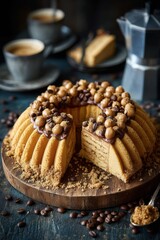 Coffee Cake Still Life with Espresso and Beans on Dark Wood Table Top Angle Delicious Dessert