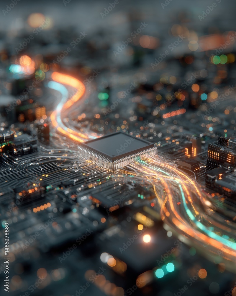 Poster close up of computer chip on circuit board with light trails representing data flow in a futuristic 