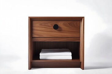 Wooden Nightstand with Drawer and White Sheets on Shelf Isolated on White