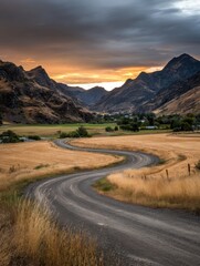 Winding Road Through Scenic Valley at Sunset Landscape Photography of Rural Route in Mountainous Terrain