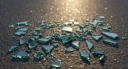 Broken glass shards scattered on an asphalt surface, reflecting sunlight in the golden hour, creating a dramatic and detailed scene of destruction and texture.