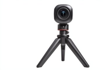 Compact black webcam on a small tripod, ideal for video conferencing or vlogging.