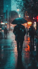 Lonely silhouette of a person with an umbrella walking in the rain at night in the city.