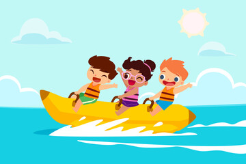 happy kids riding banana boat on summer holiday