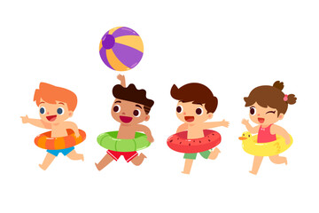 Fototapeta premium children playing with inflatable rings and beach ball