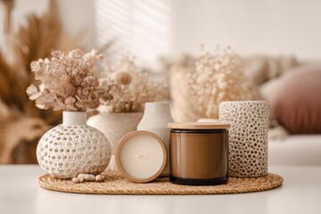 Neutral Toned Still Life Featuring Candles and Vases with Dried Flowers on Woven Mat in Soft Light