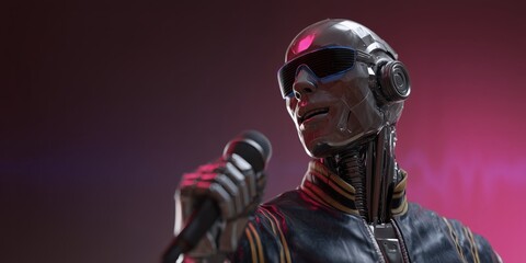 Futuristic robot singer with microphone and neon lights