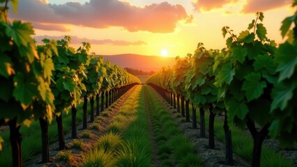 Naklejka premium Serene Vineyard at Sunset Rows of Lush Grapevines Basking in Golden Hour Light