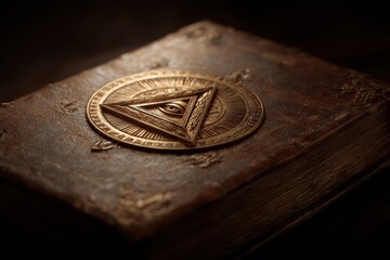 Ornate antique book cover with mystical emblem.