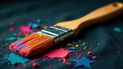 Fototapeta premium Artistic paintbrush resting on a dark surface amidst vibrant colorful splatters and star shapes