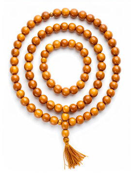 Realistic Isolated Image of a Misbaha (Prayer Beads) with Wood or Amber Finish on Clean Background