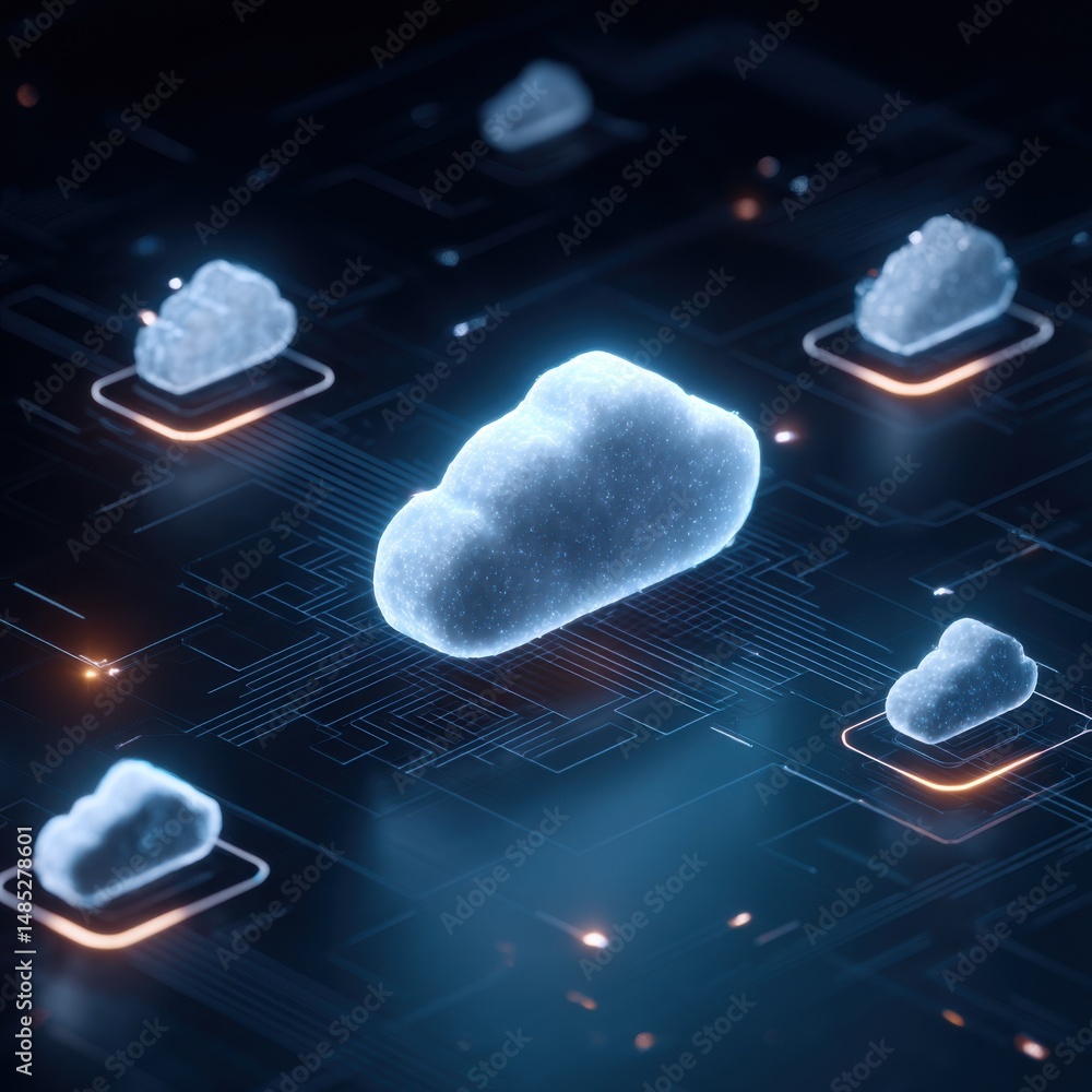 Poster cloud computing network illustration on dark blue background showcasing data transfer and connectivi