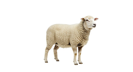 Fototapeta premium A full body view of a sheep standing against a black background in a studio setting looking right
