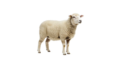 A full body view of a sheep standing against a black background in a studio setting looking right