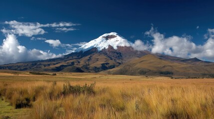 Fototapeta premium Scenic Vista of Chimborazo Volcano in Ecuador with Golden Grasslands and Dramatic Sky Landscape View