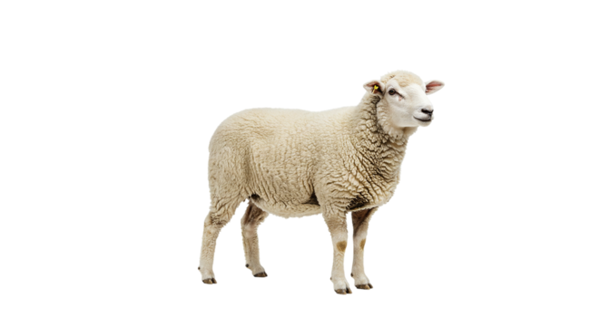 A full body view of a sheep standing against a black background in a studio setting looking right