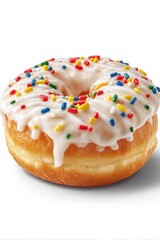 Delicious Donut Close-Up Studio Shot Featuring White Icing and Colorful Sprinkles on White Background Sweet Treat Confection