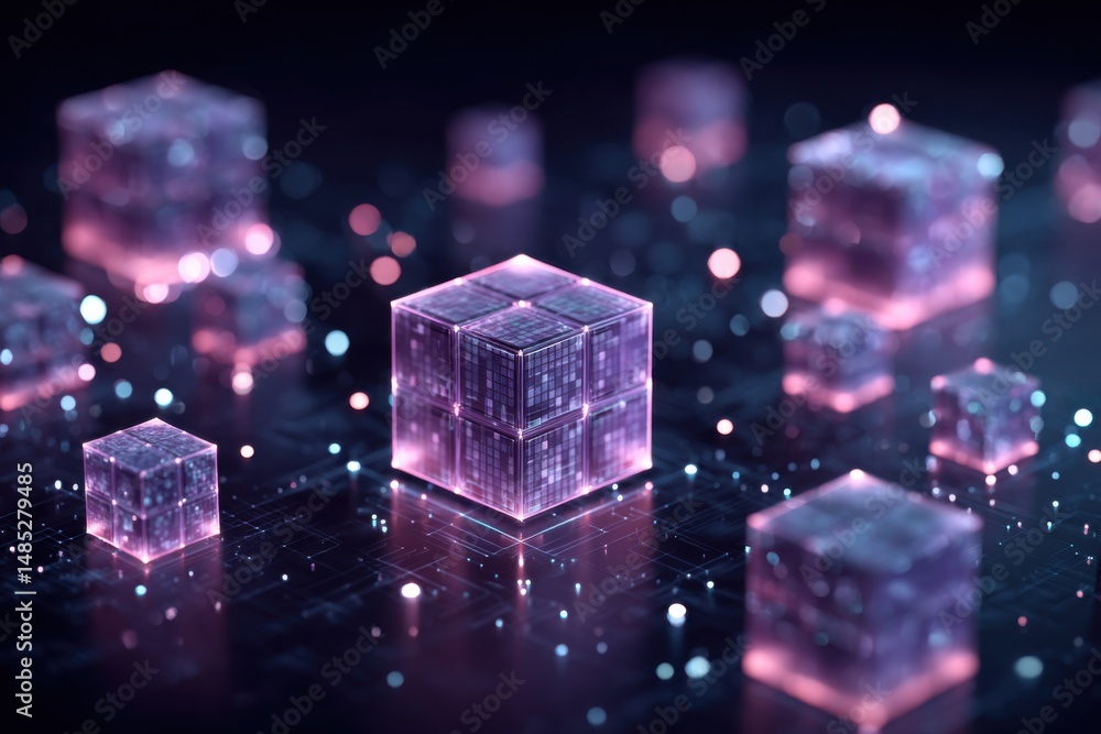 Poster abstract glowing cubes hover above circuit board network representing data processing in a futuristi