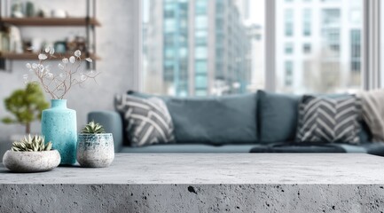 Modern minimalist living room scene with a gray concrete coffee table