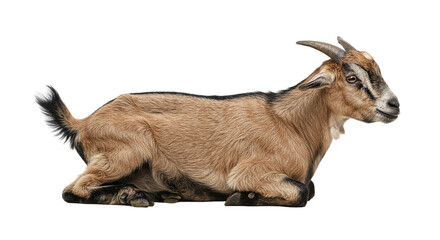 A light brown goat with small horns rests on the ground against a black background in a studio shot
