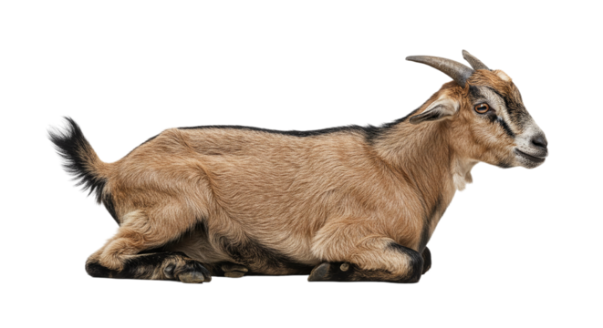 A light brown goat with small horns rests on the ground against a black background in a studio shot