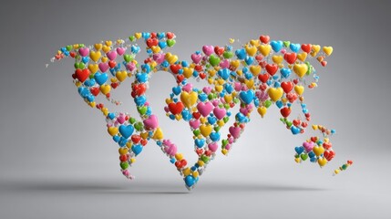 Fototapeta premium World map made of colorful hearts floating in studio setting representing global love and connection concept from low angle