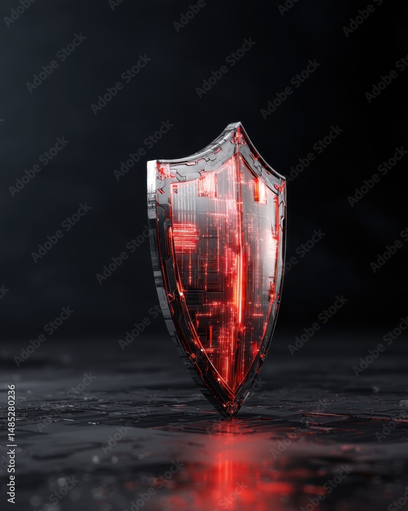 Poster digital shield protecting data with glowing red lines on dark surface concept illustration