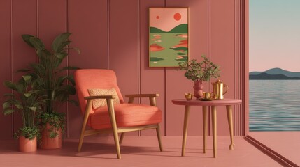 Interior scene of salmon colored room with chair table plants and view of ocean landscape art