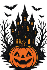 Halloween Jack O Lantern Pumpkin in Front of Haunted Castle